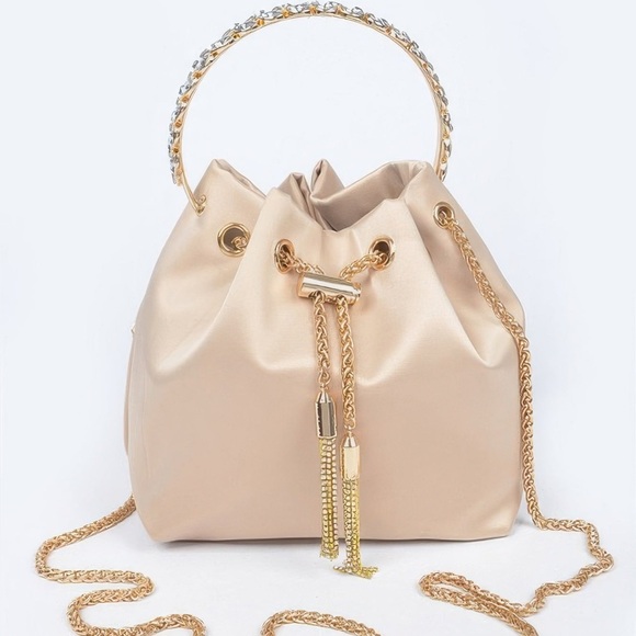 Shannel’s Closet Handbags - Rhinestone Top Handle Satin Bucket Bag